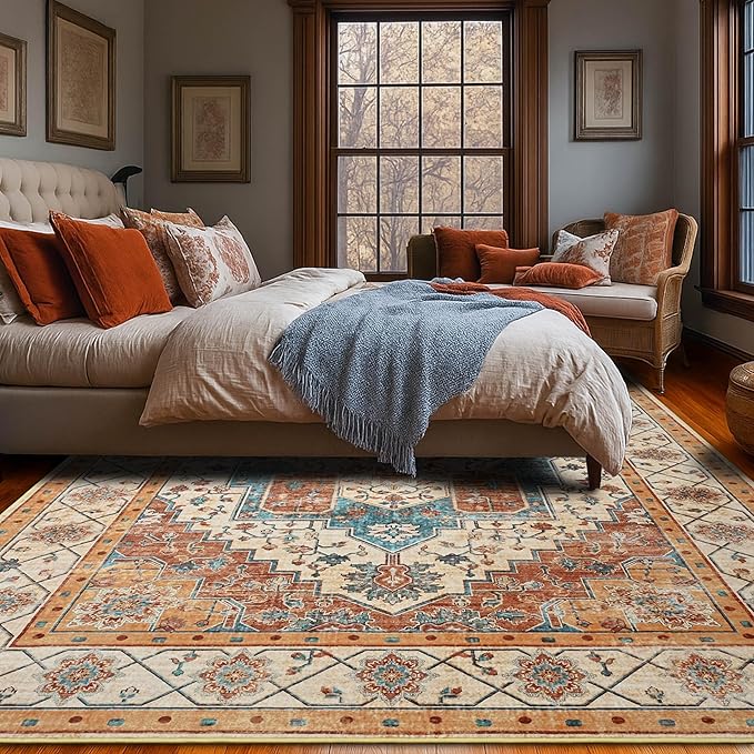 YJ.GWL Area Rugs for Living Room 4x6 Machine Washable Rugs for Bedroom, Non Slip Floral Vintage Rug Indoor Carpet, Stain Resistant Throw Rug for Dining Room Kitchen, Brick Orange