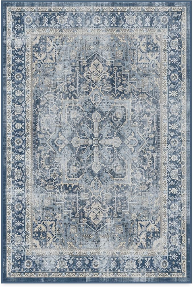 RUGGABLE Washable Vintage Area Rug – Kamran Admiral Blue 4x6, Stain-Resistant, Non-Slip – Medium Machine Washable Rugs for Living Room, Bedroom, Hallway, Entryway & Office–with Standard Pad