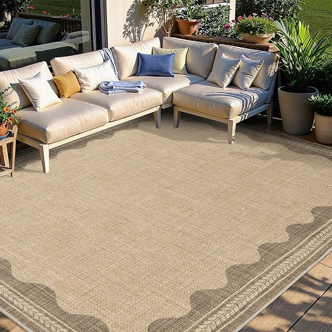 Easy Jute Rug 8x10 Outdoor Rug Scalloped Washable Rugs for Living Room Bedroom Non Slip Neutral Farmhouse Indoor Outdoor Carpet for Backyard Patio Office
