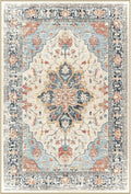 Area Rugs 7'x10' Washable Non-Slip, Floral Vintage Distress Print Pattern Medallion Carpet for Living Room Bedroom Dining Room, Beige Navy Blue Orange Colorful