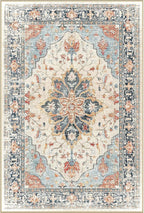 Area Rugs 7'x10' Washable Non-Slip, Floral Vintage Distress Print Pattern Medallion Carpet for Living Room Bedroom Dining Room, Beige Navy Blue Orange Colorful