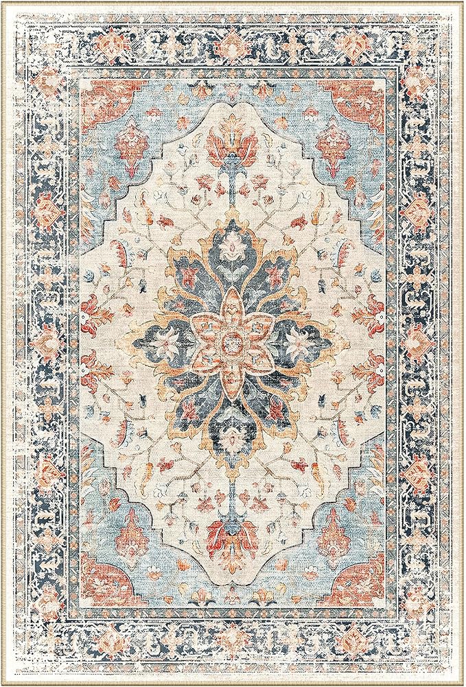 Area Rugs Square 7ft Washable Non-Slip, Floral Vintage Distress Print Pattern Medallion Carpet for Living Room Bedroom Dining Room, Beige Navy Blue Orange Colorful