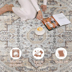 Round Rug Living Room Rugs: 6x6 Washable Boho Neutral Large Circle Soft Indoor Distressed Stain Resistant Floor Farmhouse Carpet for Bedroom Nursery Kids Playroom Office Dining Room Dorm- Cream Gray
