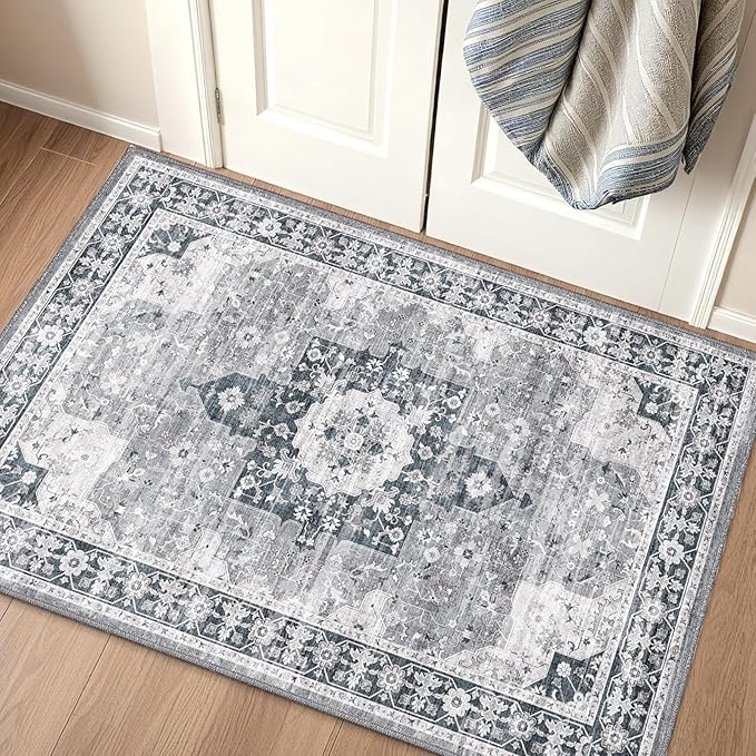 LUMI Indoor Thin Door Mat, 32x47 Washable Small Inside Doormat, Non Slip Low Pile Oriental Floor Carpet, Vintage Distressed Area Rug for Front Door,Entrance,Bedroom, Blue