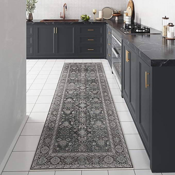 Black Runner Rug 2x6 Vintage Area Carpet Hallway Long Indoor Kitchen Washable Living Room Low Pile Traditional Distressed Retro Accent Throw Rug Non Slip Laundry Bathroom Office Dining Room