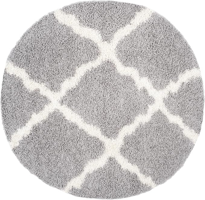 SAFAVIEH Dallas Shag Collection Area Rug - 8' Round, Grey & Ivory, Trellis Design, Non-Shedding & Easy Care, 1.5-inch Thick Ideal for High Traffic Areas in Living Room, Bedroom (SGD257G)