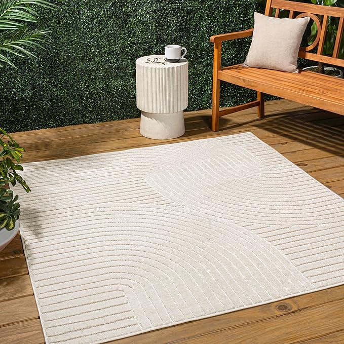 JONATHAN Y Hallie High-Low Curve Ivory/Cream 6x6 Square Indoor/Outdoor Area Rug, Minimalist, Pet Friendly, Non-Shedding, Stain Resistant, Hose-Washable for Backyard, Patio, Porch (SCN100B-6SQ)