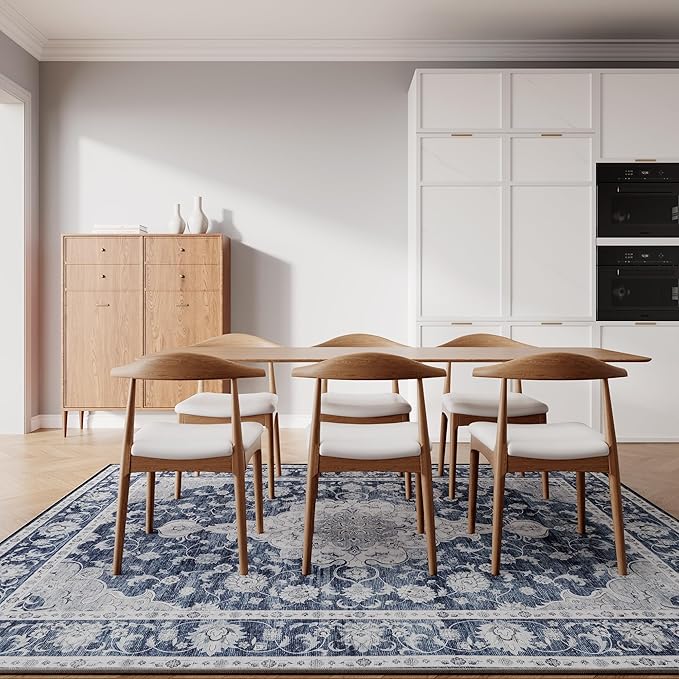 DUKINO 9x12 Area Rugs, Non Slip Distressed Living Room Rugs, Soft Large Washable Area Rugs with Low Pile & No Shedding, Faux Wool Rugs for Bedroom Aesthetic, Dining Room, Blue