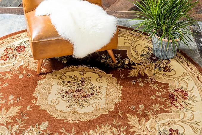 Rugs.com Chateau Collection Rug – 8 Ft Round Brick Red Medium Rug Perfect for Kitchens, Dining Rooms