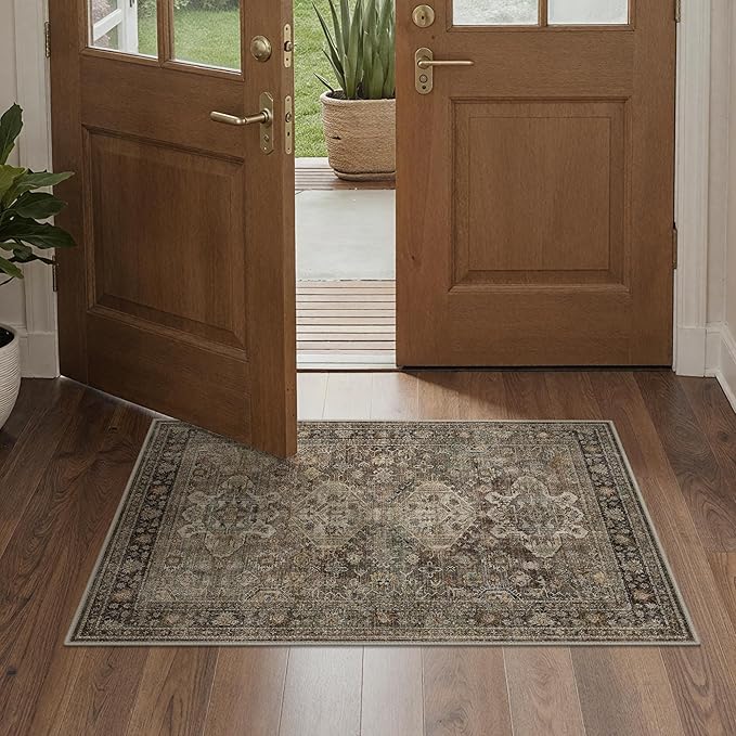 Bavni Washable Rug 2x4, Non Slip Small Runner for Entryway, Kitchen or Bathroom, Vintage Print Thin Low Pile Indoor Carpet, Brown