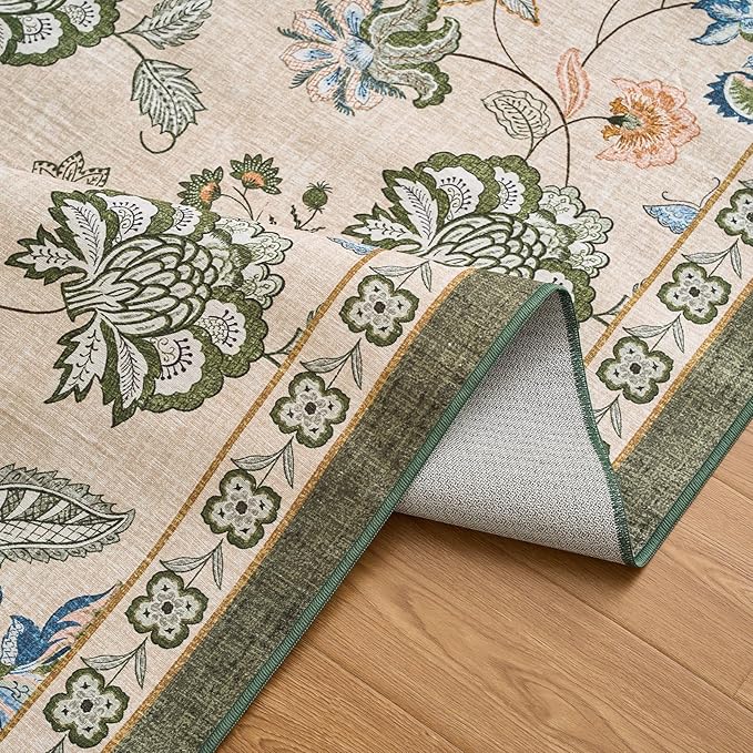 jinchan Elora 2x3 Floral Rug for Entryway Washable Kitchen Rug Vintage Romance Design Small Mat Non Slip Indoor Doormat Lightweight Low-Profile Throw Carpet for Entrance Laundry Room, Green/Beige