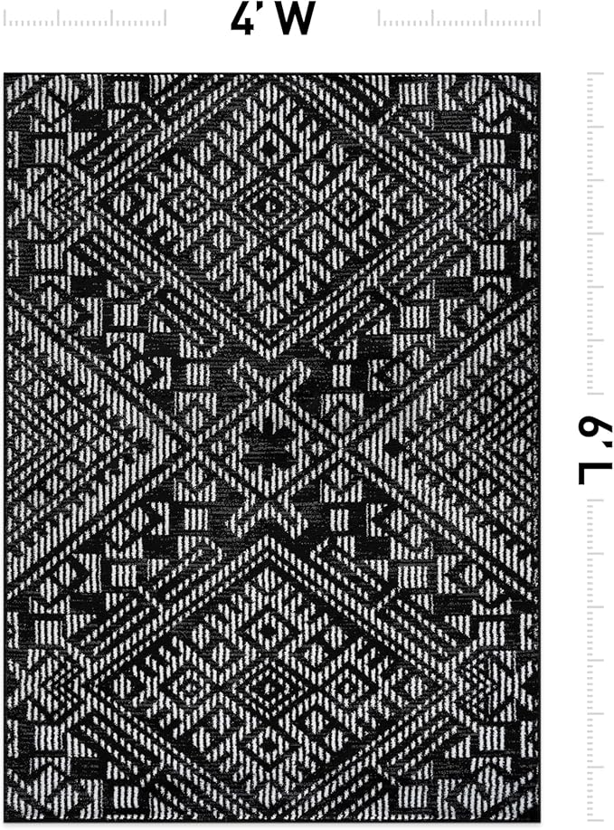 Rugshop Boho Black Tribal Area Rug Modern Indoor Carpet for Living Room, Bedroom, or Entryway – Non-Shedding, Low Pile Geometric Design 4' x 6'