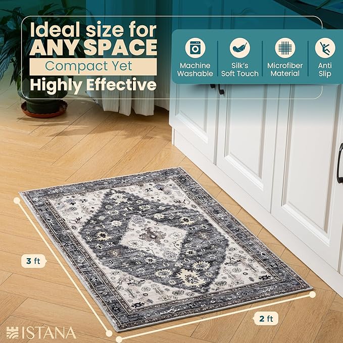 Istana 2x3 Rug - Dark Grey Blue/Rose Mauve Bedroom Rug - Kid & Pet Friendly 2x3 Washable Rug Non Slip - Rubber Backed Rugs - Foldable Eco Friendly Materials for Small Rugs