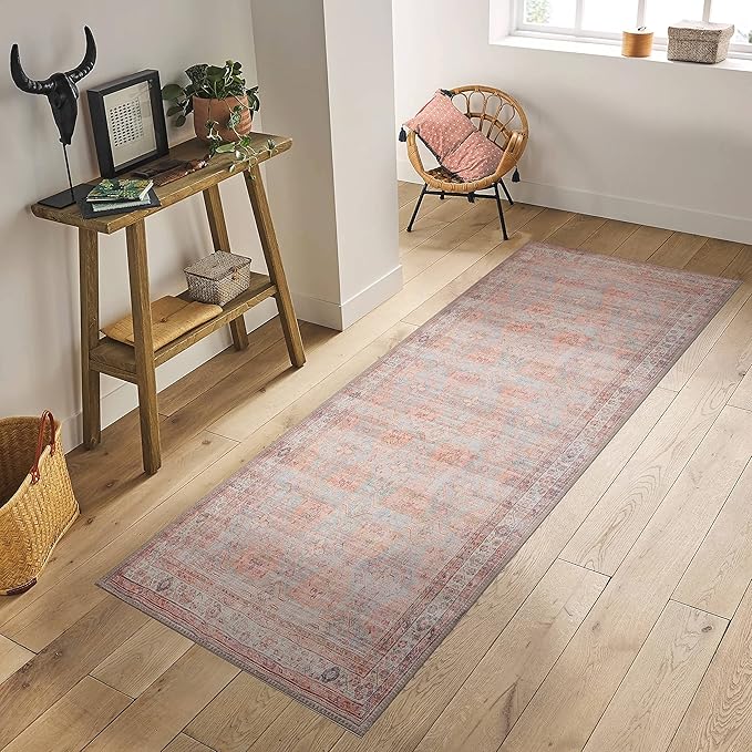 GLN Rugs Traditional Collection - Machine Washable Area Rug, Traditional Washable, Non Slip, Low Pile Chenille Rug, Living Room, Bedroom, Kitchen Rug (2'6" x 10' Terra/Multicolor 1153)