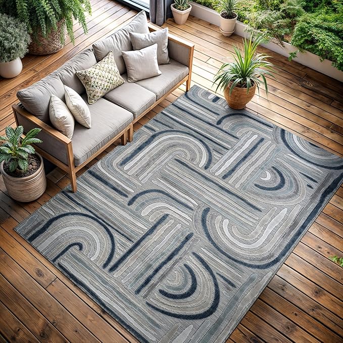 CAMILSON Indoor Outdoor Rug, Blue 5x7 Geometric Arch Striped Area Rugs for Patio and Home Areas, Easy-Cleaning Non-Shedding Living Room, Garden and Deck Washable Outside Carpet (5 x 7)
