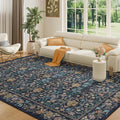 DUKINO 6x9 Rugs for Living Room, Vintage Washable Rug with Non Slip Backing, Floral Low Pile & Non-Shedding Large Area Carpets for Bedroom, Dining Room, Farmhouse, Home Office, Dark Blue