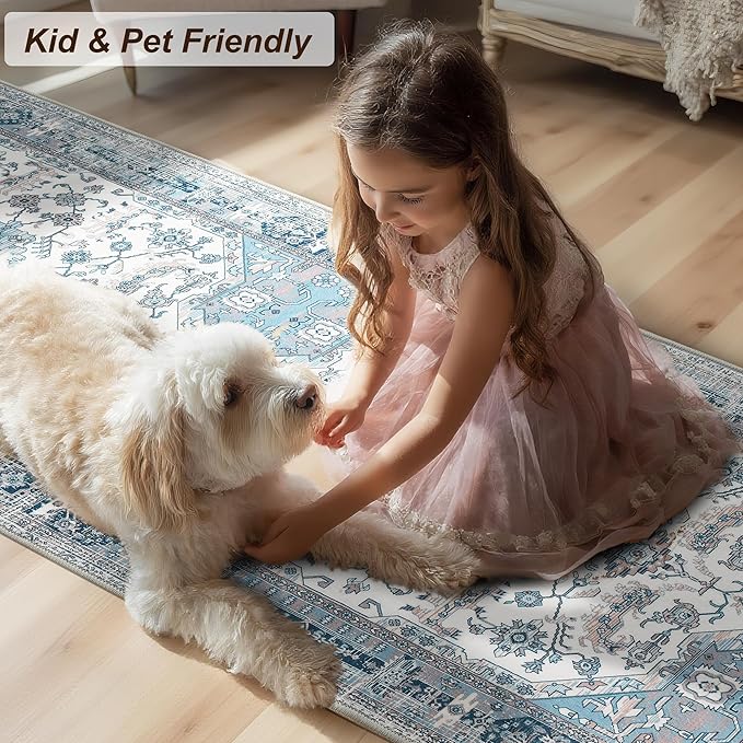 XWZO Runner Rug 2x10ft for Long Hallways, Washable Non-Slip Low Pile Area Rug with Rubber Backing, Spill Resistant Soft Vintage Floor Carpet for Kitchen Entryway Stair Landing Living Room, Blue