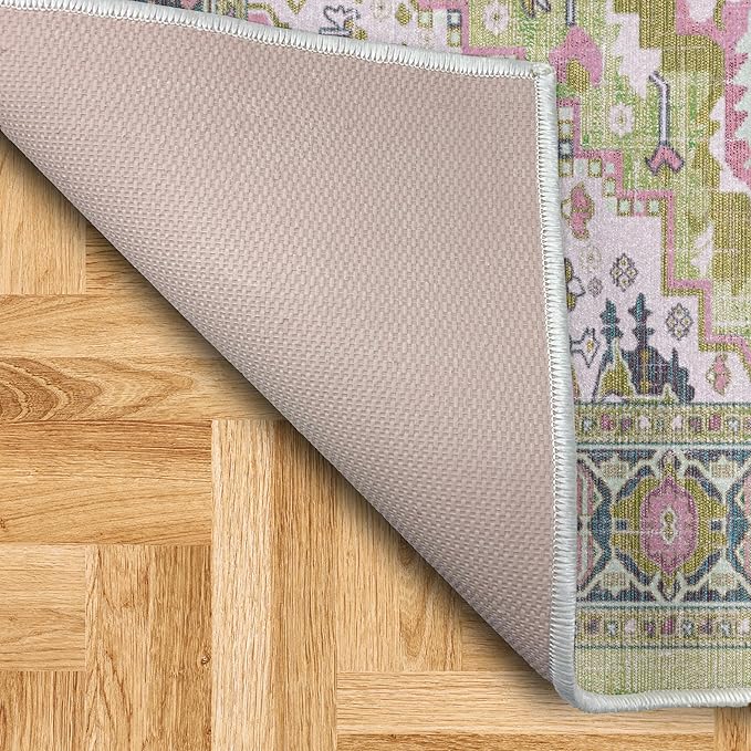 Ambesonne Ethnic Decorative Rug, Bohemian Retro Themed Floral Detail Cultural Abstract Shapes Flourish, Quality Carpet for Bedroom Dorm and Living Room, 4' X 5' 5", Pistachio Green Pink Teal