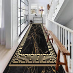 Black Gold Marble Texture Entryway Carpet, 2x8ft, Greek Key Geometric Design Bedroom Rug, Abstract Gold Crack Breathable Floor Rugs, No Crease Washable Carpets for Front Door
