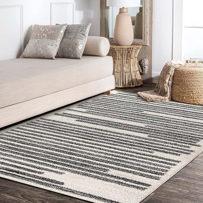 JONATHAN Y Khalil Modern Berber Stripe Cream/Black Indoor Area Rug, 8x10, Contemporary, Bohemian, Easy-Cleaning for Living Room, Bedroom, Kitchen, Pet Friendly, Non-Shedding (MOH207A-8)
