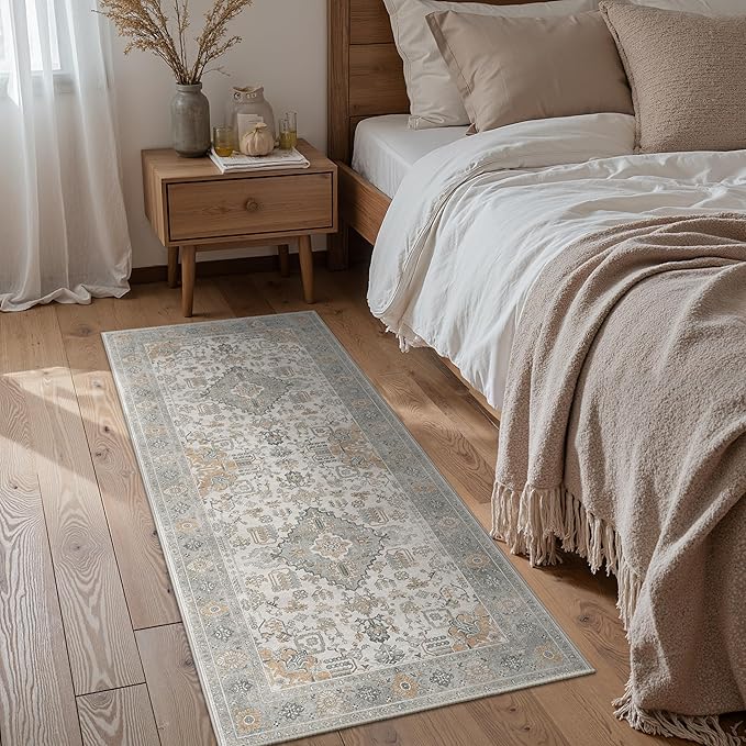 Bavni 2x7 Washable Runner Rug for Hallway, Vintage Grey Rug with Non-Slip Backing, Oriental Distressed Print Indoor Kitchen Runner, Low Pile Thin Soft Small Rugs for Entryway, Bedroom, Laundry Room