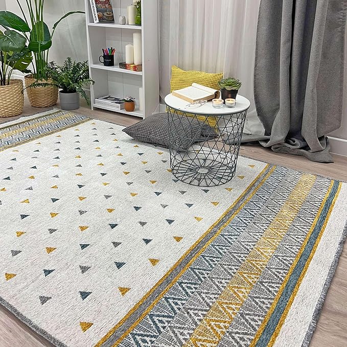 Alfa Rich 4x6 Gold Gray Off White Washable Area Rugs for Living Room Bedroom Kitchen Decor Cotton