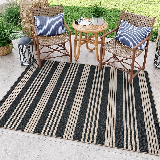 Lahome Striped Easy Jute Outdoor Patio Rug, Washable 5x7 Area Rugs for Living Room Office Indoor Outdoor Carpet, Farmhouse Non Shedding Stain Resistance Carpet for Dining Room Backyard Deck