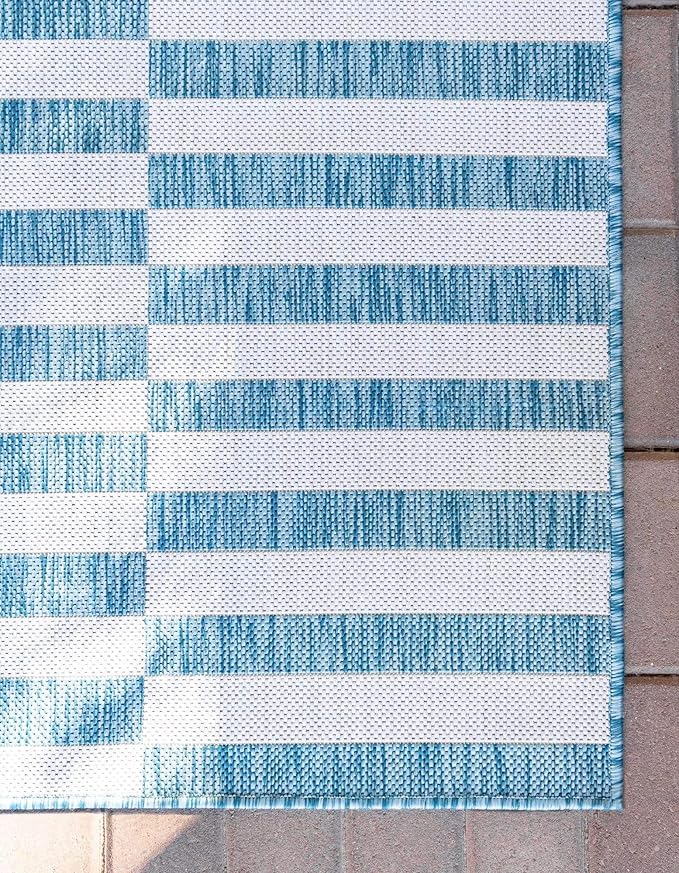 Unique Loom Outdoor Striped Collection Area Rug - Striped (4' 1" x 6' 1" Rectangle, Light Aqua/Ivory)