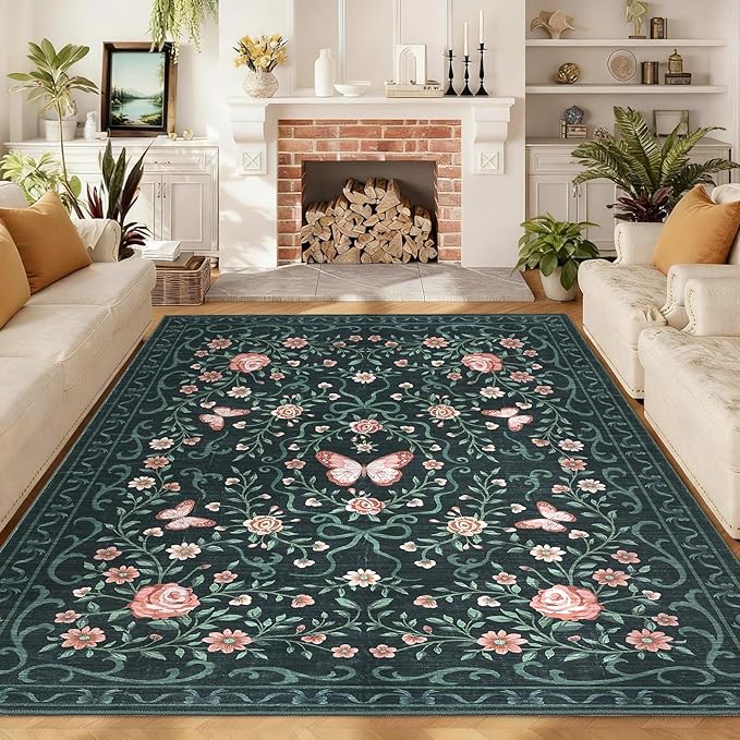 GarveeHome Area Rugs 9x12 Living Room Floral Rugs Non Slip Washable Large Bedroom Throw Carpet Stain Resistant Low Pile Black Bow Rugs Soft Boho Bow and Flower Carpets for Nursery Home Decor, 9x12