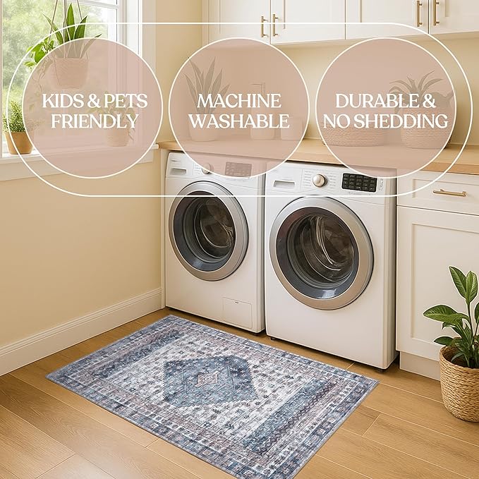 Washable Area Rug, Modern Farmhouse, Vintage, Turkish, Bohemian, Distressed, Oriental, Traditional, Rugs for Living Room, Dining, Bedroom, Office, Entryway, Foyer, (859NC, 2' x 3')