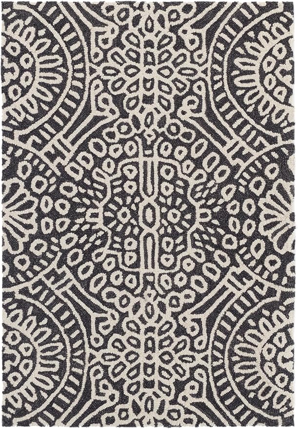 Dash & Albert Temple Charcoal Hand Micro Hooked Wool Rug, 5 X 8 Feet, Grey Geometric Pattern