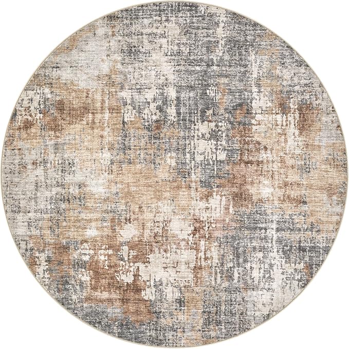 4ft Round Area Rug Living Room Rugs - 4x4 Washable Large Soft Indoor Neutral Modern Abstract Low Pile Rug Carpet for Bedroom Dining Room Farmhouse Home Office - Grey Brown