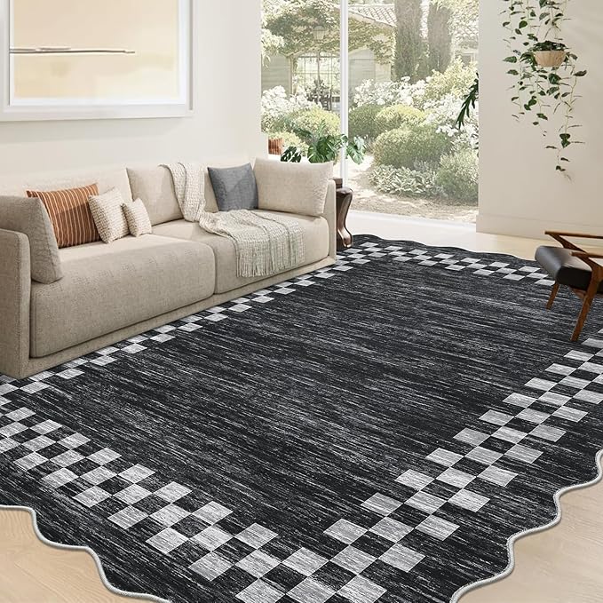 GarveeHome 10x13 Area Rug Large Living Room Scalloped Rug Non Slip Low Pile Bedroom Throw Carpet Soft Modern Bordered Dining Room Rug Stain Resistant Boho Carpet for Home Office, Grey