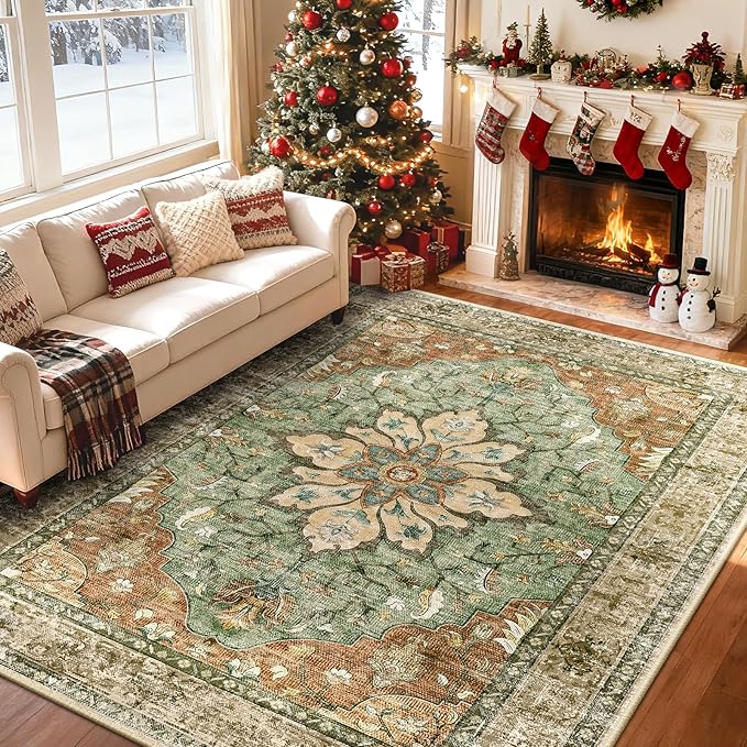 Area Rugs 7'x9' Washable Non-Slip, Floral Vintage Distress Print Pattern Medallion Carpet for Living Room Bedroom Dining Room, Brick Red Rust Neutral Brown Burnt Orange Green