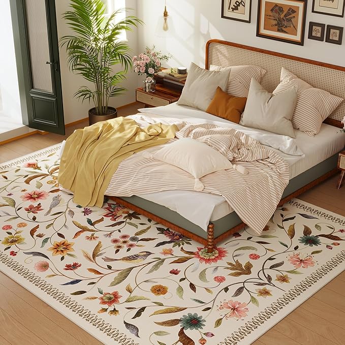 Vintage Medallion Floral 5x7 Area Rugs, Machine Washable Non-Slip, Low Pile Soft Carpet for Living Room, Bedroom, Dining Room, Farmhouse, Kids Playroom, Office | Beige
