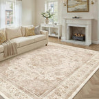 9x12 Beige Washable Vintage Area Rug for Living Room Bedroom Soft Tranditional Non Slip Large Throw Rug Lightweight Floral Low Pile Distressed Carpet Office Playroom Home Decor
