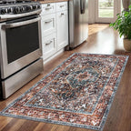 KOZYFLY Boho Area Rug 3x5 Ft Rugs for Entryway Washable Entry Rug Non Slip Door Mat Indoor Printed Faux Wool Vintage Kitchen Rug Throw Rugs for Entrance Kitchen Living Room, Brick Red/Orange/Green