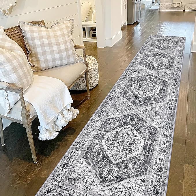 KOZYFLY Long Runners for Hallways 2x10 Ft Washable Kitchen Runner Rug Boho Runner Rug for Entryway Indoor Printed Faux Wool Stair Runner Floor Carpet for Stair Kitchen Hall, Grey