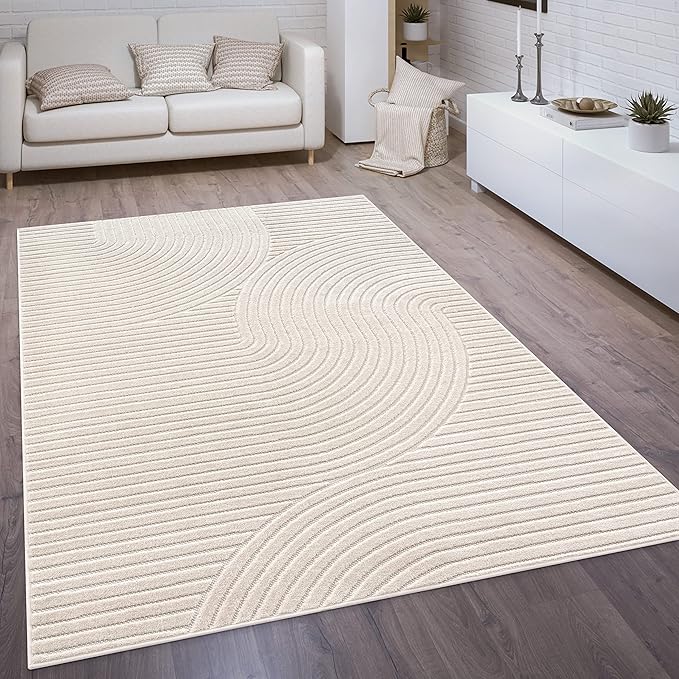 Paco Home Modern Area Rug with Raised Curved Line Pattern – Minimalist Design in Cream, Size: 6'7" x 9'6"