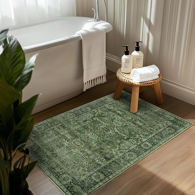2x3 Entryway Rug Green Washable Vintage Rugs for Entryway Kitchen Low Pile Non-Slip Door Mat Traditional Distressed Small Throw Area Rugs for Kitchen Entrance Bathroom Green