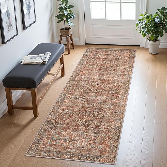 2x6 Runner Rug Machine Washable Boho Runners for Hallway,Ultra-Thin Low Pile Rug,Lightweight Indoor Carpet,Non Slip Floral Runners for Enrtyway, Corridor, Home Office, Kitchen,Terracotta/Indigo