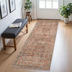 2x10 Runners Machine Washable Boho Rug for Hallway,Ultra-Thin Low Pile,Lightweight Carpet,Non Slip Floral Runners for Enrtyway, Corridor, Home Office, Kitchen,Terracotta/Indigo