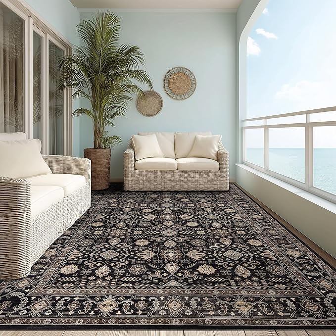 Area Rug Non Slip Machine Washable Ultra Soft Living Room/Bedroom/Kitchen/Outdoor/Classroom Black Gold, 4'×6'