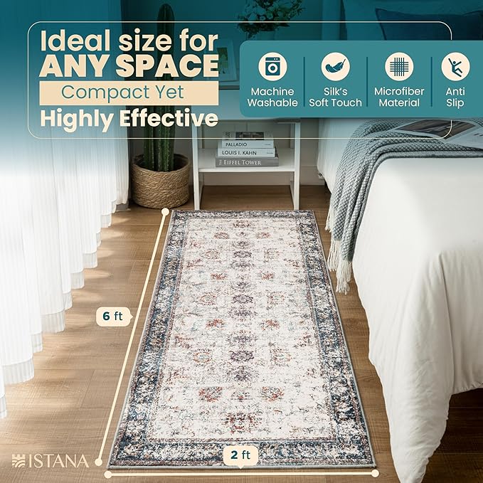 Istana Hallway Runner Rug 2x6 - Multi-Color Kitchen Rugs Non Slip Washable -Silk's Soft Touch Carpet Runner - Stylish Rug for Home