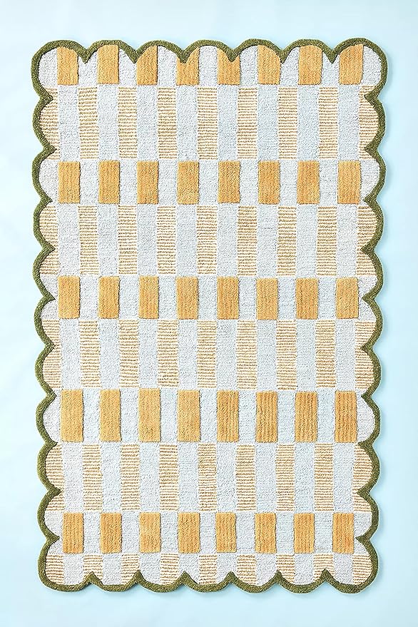 Hand-Tufted Wool Rug with Scalloped Edges, Light Blue Plaid Pattern, Cozy Soft Area Rug for Living Room, Bedroom, and Nursery, Handmade Modern Accent Rug, 8x8 Ft (Square)