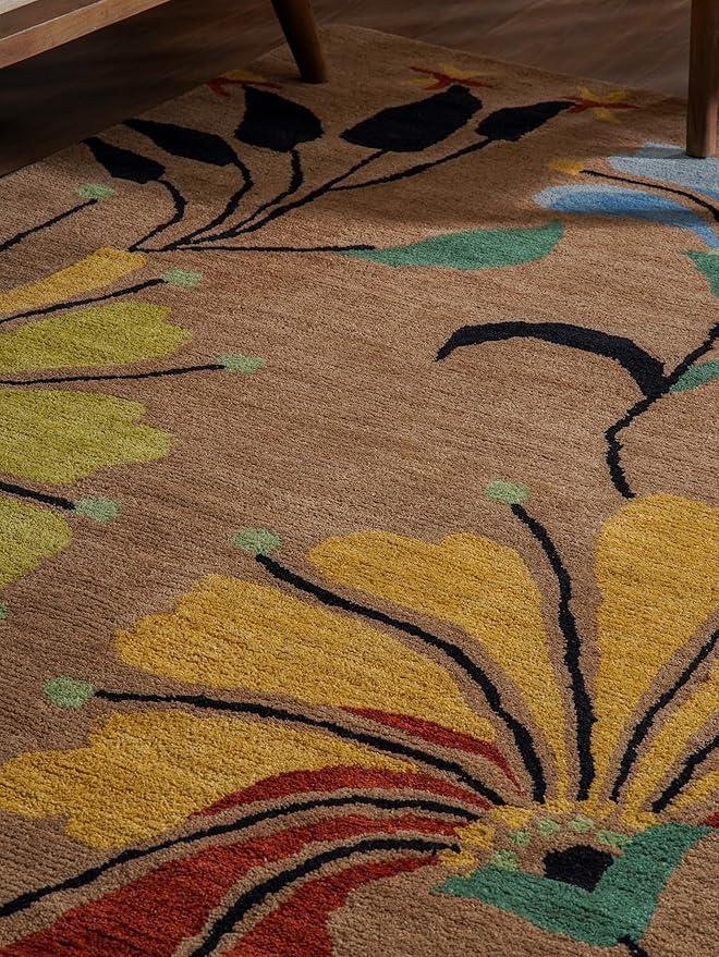 Rugsotic Carpets Hand Tufted Wool ECO-Friendly Area Rugs - 3'x5', Rectangle Shape, Camel, Floral Modern Design, High Pile Thick Handmade Anti Skid Area Rugs for Living Room, Bed Room (K00219)