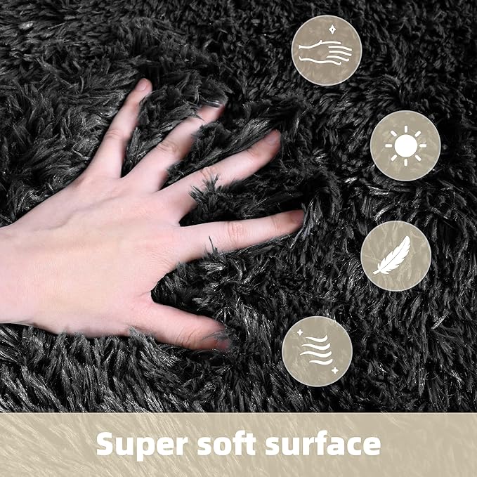 4x6 Solid Fluffy Black Area Rug – Washable, Durable, Living Room Rug, Non-Slip High Pile Shag Rugs for Bedroom, Living Room, Bedside, Dorms, Nursery Rooms, Kids Room, Soft Indoor Floor Carpet