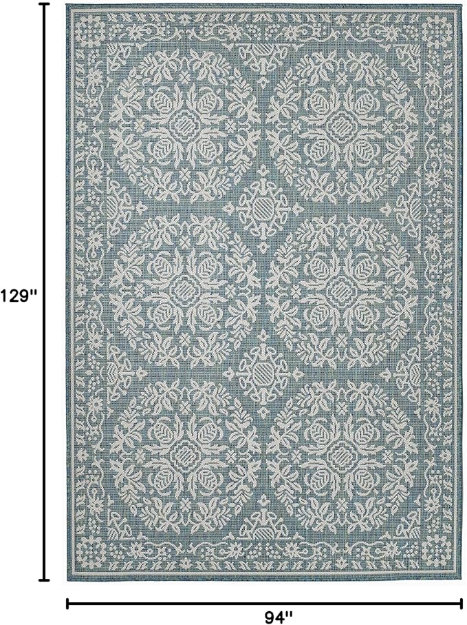 FH Home Flat Woven Outdoor Rug - Waterproof, Easy to Clean, Stain Resistant - Premium Polypropylene Yarn - Persian Farmhouse - Large Patio, Deck, Sunroom - Marbella - Ocean - 7ft 10 in x 10ft 9in