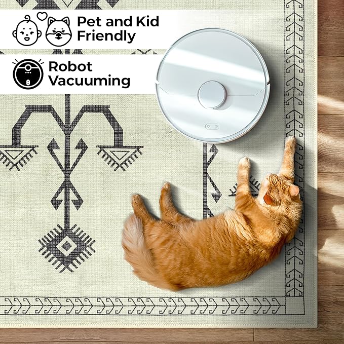 GLN Rugs Contemporary Collection - Machine Washable Area Rug, Contemporary Washable, Non Slip, Low Pile Chenille Rug, Living Room, Bedroom, Kitchen Rug (5' x 7' Cream/Anthracite)