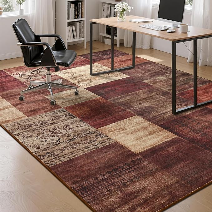 Tepook Modern Area Rug for Living Room, 6x9 Geometric Large Rugs for Bedroom, Washable Patchwork Rug Indoor Non-Slip Throw Carpets for Dining Room Office Farmhouse Home Decor, Red